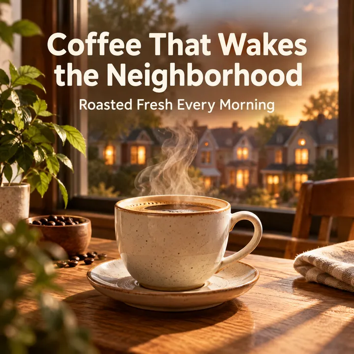 A steaming cup in front of a neighborhood at dusk: coffee that wakes the neighborhood