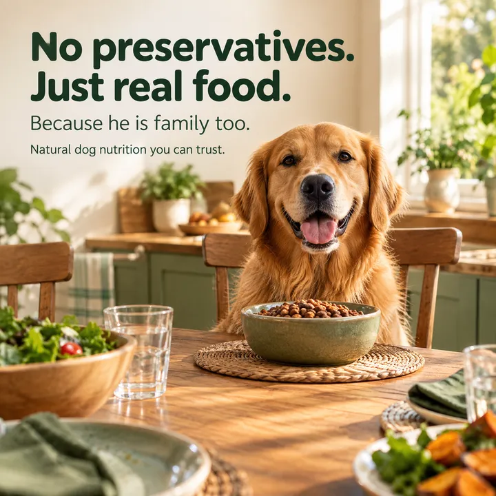A golden retriever at the family table: natural dog food with no preservatives