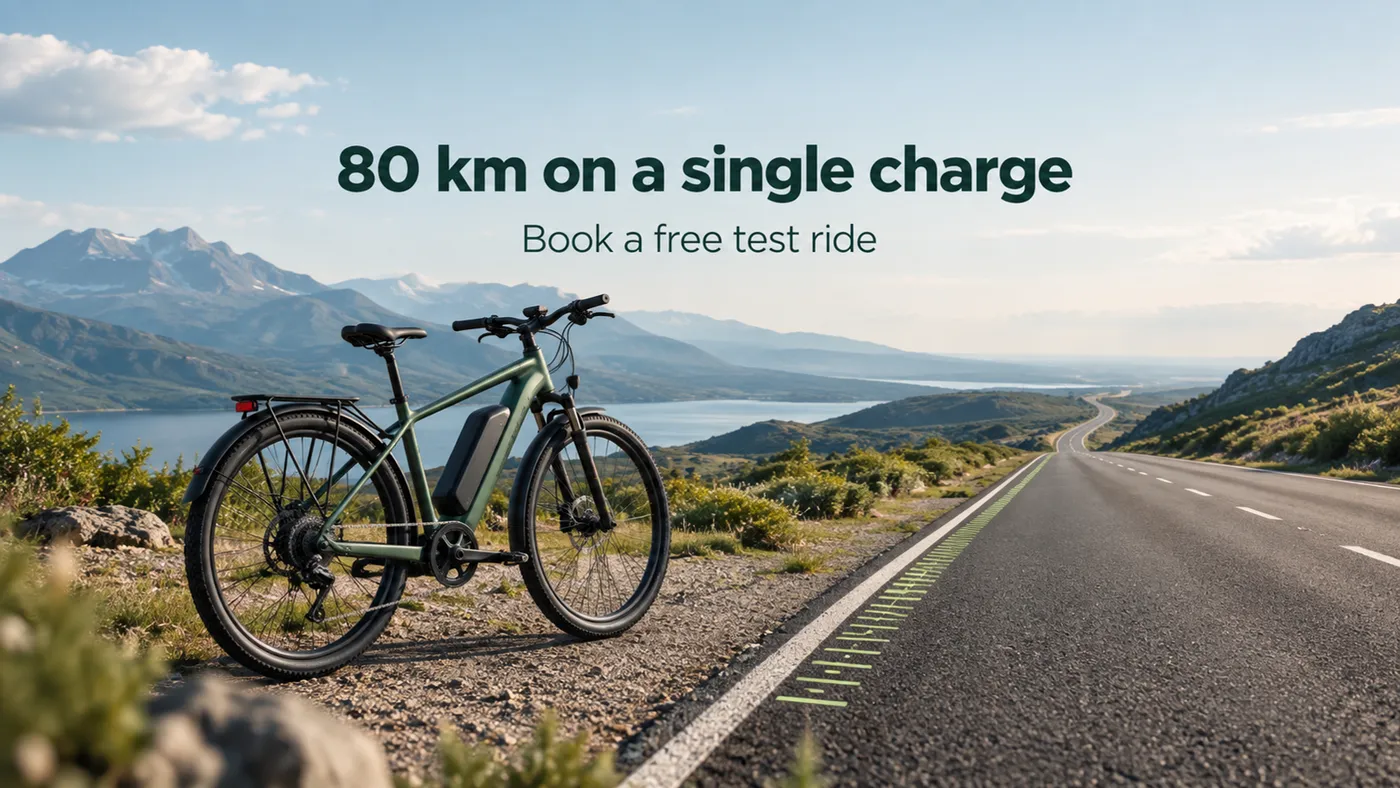 An electric bike by a mountain road: 80 km on a single charge