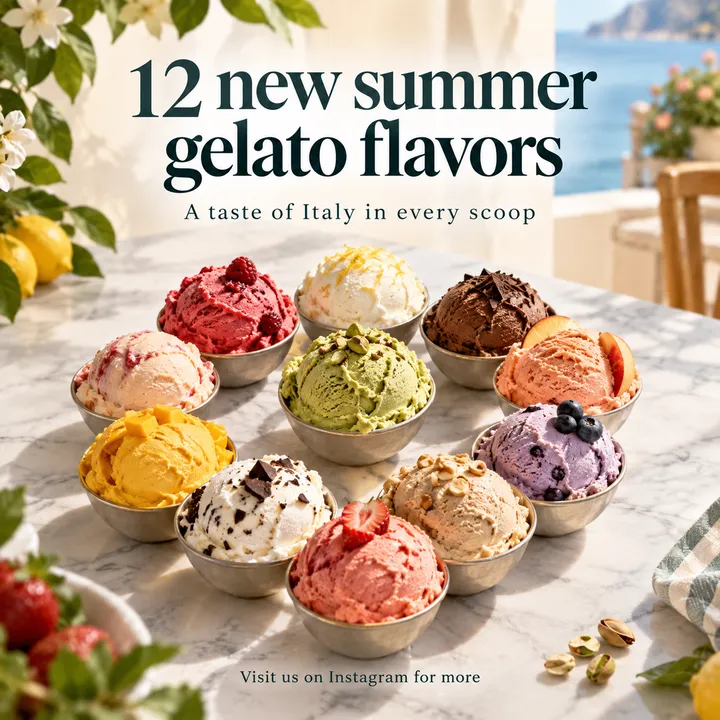 Bowls of gelato on a marble table: 12 new summer gelato flavors