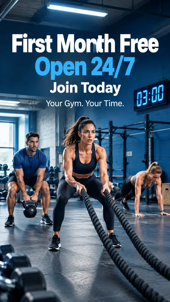 People training in a gym: first month free, open 24/7, join today