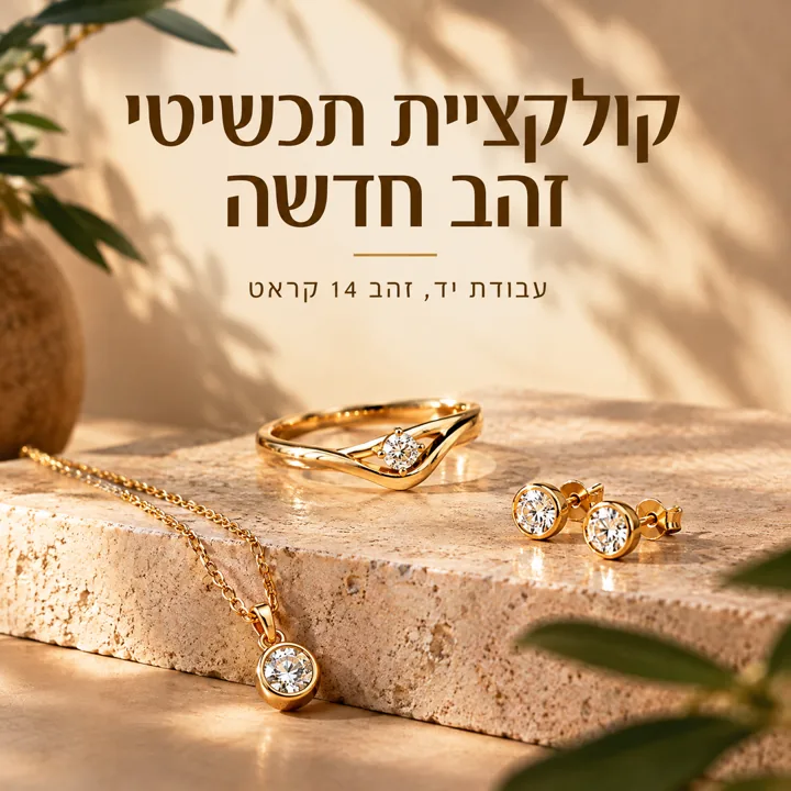 פוסט מוצר לחנות תכשיטים עם טקסט שיווקי בעברית