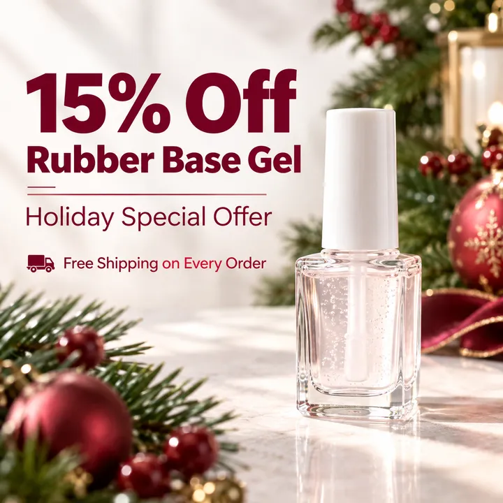 A bottle of rubber base gel among holiday decorations: 15% off and free shipping on every order