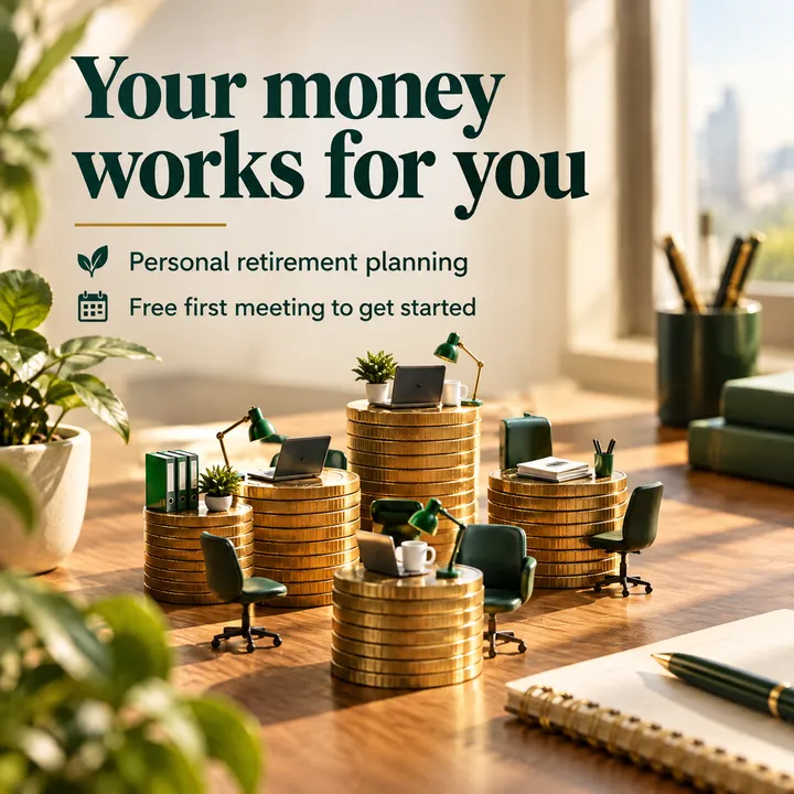Tiny desks on stacks of coins: your money works for you, a post for retirement planning