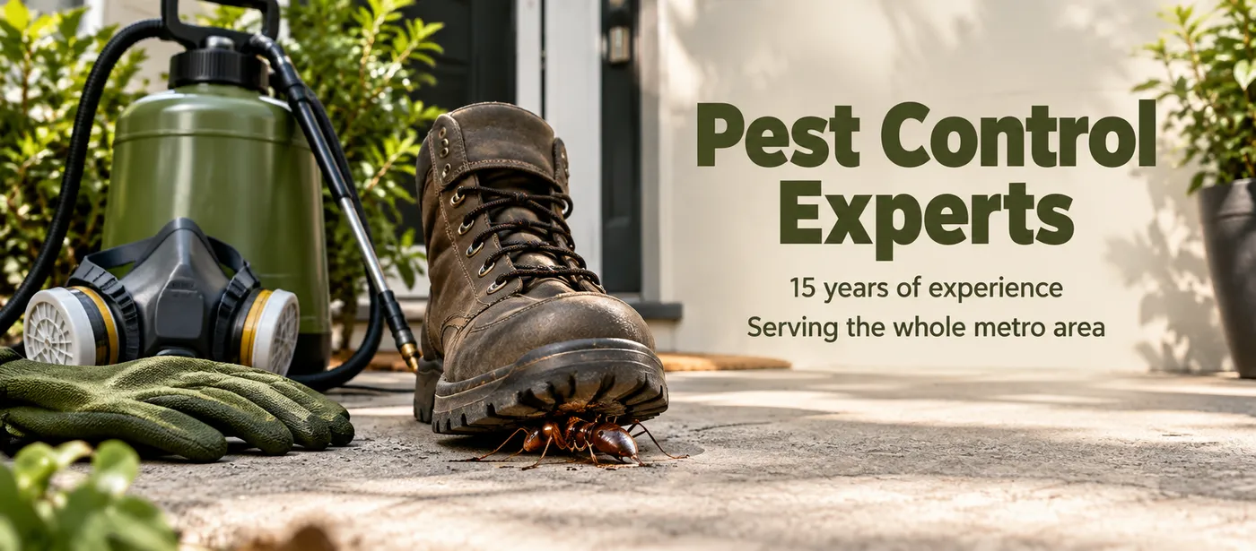 A work boot about to step on a cockroach by a front door: a Facebook cover for a pest control business