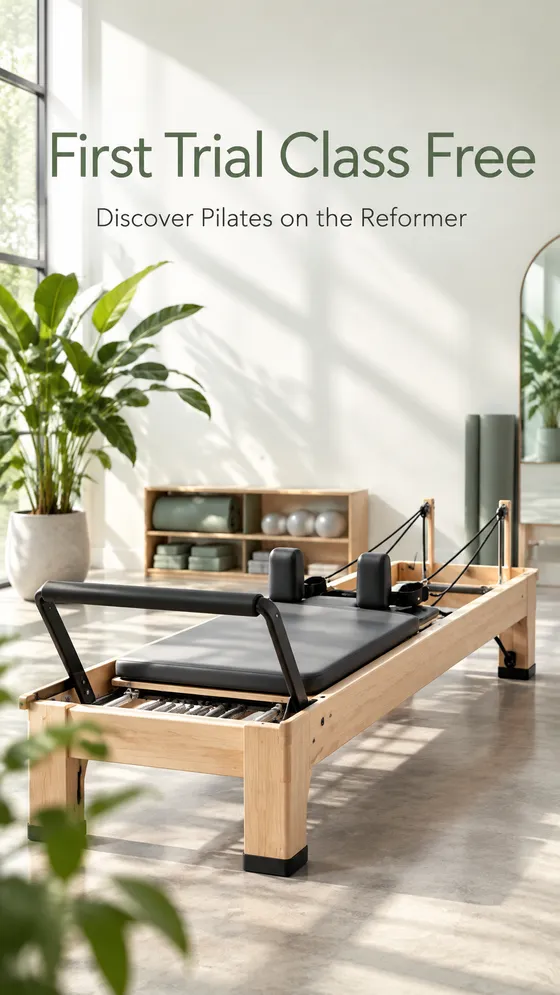 A reformer in a bright studio: first trial class free, a story for a pilates studio