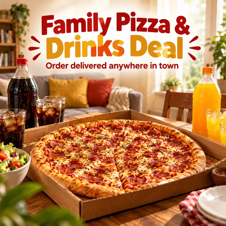 Family pizza and drinks deal, delivered anywhere in town: a post for a pizzeria