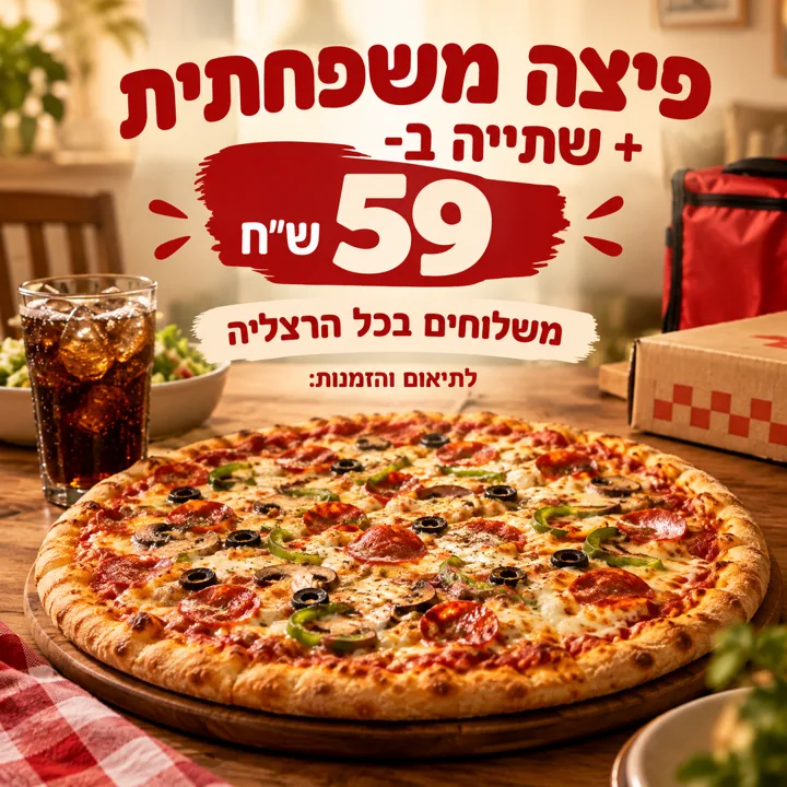 פוסט מעוצב לאינסטגרם לפיצרייה, עם כותרת בעברית שנוצרה על ידי הבינה המלאכותית