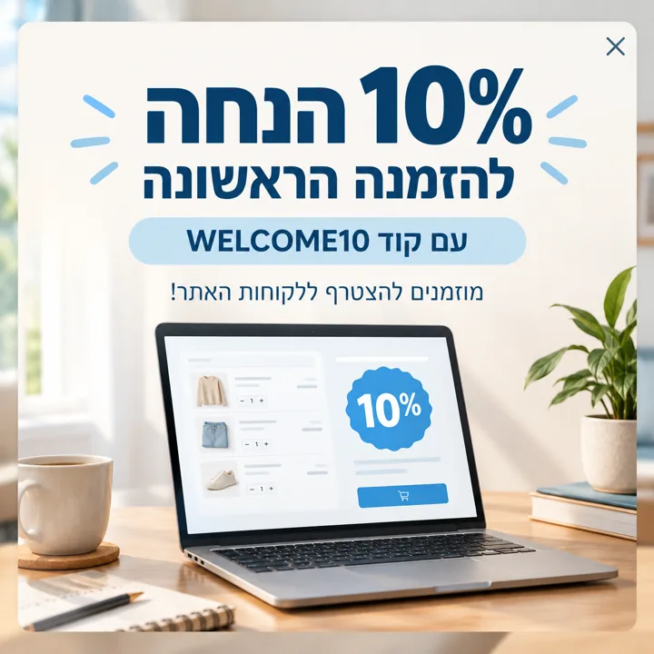 פופאפ קופון לאתר בגודל 1200x1200 עם הטבה כתובה בעברית