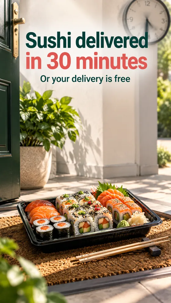 A sushi tray at a front door: sushi delivered in 30 minutes, or your delivery is free