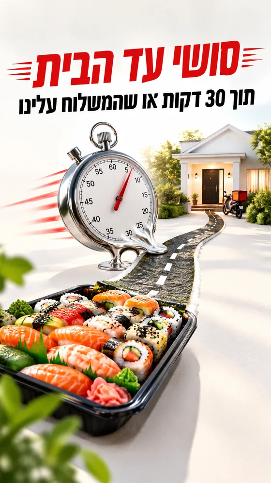 שעון עצר ודרך שמובילה ממגש סושי לבית - סטורי למשלוחים
